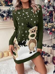 LanaWest 女士时尚圣诞驯鹿雪花图案圆领长袖休闲针织连衣裙 - 軍綠色 - 查看 4