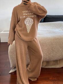 DAZY 2 piezas Conjunto de pijama holgado de punto de felpa con estampado de helado para mujer, otoño/invierno - Marrón - Ver 9