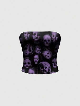 Goth Top de camisole pour femmes avec tache de sang et motif mystérieux et sombre de poupée d'horreur