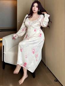 Dazy Plus Plus Size Elegant Floral V-Neck Contrast Lace Cinched Waist Maxi Dress With Flare Sleeves, Sleepwear - Apricot - View 7
