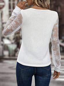 SHEIN LUNE Women's Elegant Commuter Solid Color Lace Patchwork Top - White - View 2