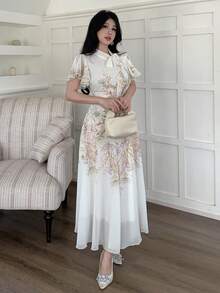 Modelyn 女士系带腰部褶皱印花喇叭连衣裙 - 綠色 - 查看 4