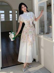 Modelyn 女士系带腰部褶皱印花喇叭连衣裙 - 綠色 - 查看 6