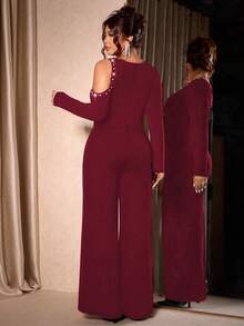 Cravure Women's Plus-Size Slim-Fit Long-Sleeve Off-The-Shoulder Jumpsuit - Adorned With Round Decorative Buttons & Bubble Beads On Shoulders, Elegantly Relaxed For Autumn & Winter Parties & Galas Sexy Jumpsuits For Woman Red Long Sleeve Jumpsuits Curve Jumpsuits For Woman Plus Size Jumpsuits Elegant Long Sleeve Jumpsuits For Woman