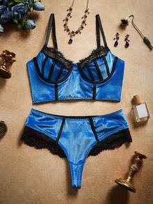PinupPomp Small Size Women's Blue & Black Contrast Lace Korean Flocked Retro Style Underwire Bra & Panty Set, 2pcs - Blue - View 6