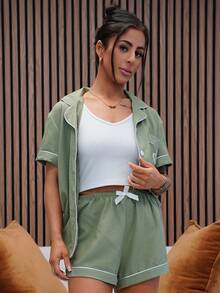 SAYEHFBABY 2pcs Women's Solid Color Summer Contrast Trim Polo Collar Pocket Heart Graphic Short Sleeve Top And Bowknot Shorts Pajama Loungewear Set, Suitable For Home Use - Army Green - View 6