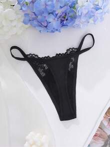 SHEIN Contrast Lace G-String Sexy Lingerie - Black - View 2
