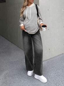 SHEIN Pregnant Women's Contrast Color Pocket Casual Versatile Wide-Leg Jeans Black Winter Spring Christmas New Year Thanksgiving Commuting Vacation Graduation Chic Y2k Cute Streetwear Party Wedding Elegant Business Casual Woman Women's Stylish Dark Wash Denim Jeans With Elastic High Waist And Wide Leg Fit For Everyday Comfort Maternity Jeans Everyday Maternity Style Comfortable Wear - Black - View 3