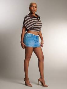 Denimoi Cinched Waist Collared Striped Polo Top Fashionable Tops Collared Top - Brown - View 4