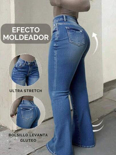 Pantalones vaqueros de mujer Skinny con elástico y rasgados, pantalones acampanados de talle medio azules, Jeans acampanados de mezclilla, leggings de mujer, jeggings acampanados, leggings acampanados para mujeres altas