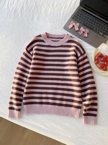 SHEIN Áo len dệt kim cổ tròn tay dài cho bé gái, áo chui đầu dệt kim sọc khối màu đơn giản, ấm áp và thoải mái khi mặc hàng ngày, bộ sưu tập mùa đông mới - Hồng - Xem 4