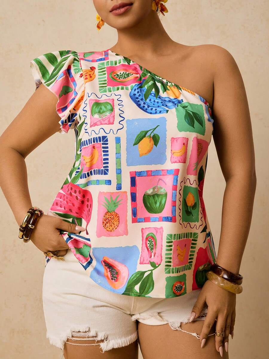 Travachic Camisa sin mangas con estampado de frutas y un solo hombro para tallas grandes - Multicolor - Ver 1