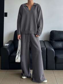 DAZY Setelan Dua Potong Wanita Musim Gugur dan Musim Dingin Kasual Sehari-hari Longgar Warna Polos Sweater dan Celana Panjang Lebar, Pakaian Wanita Musim Gugur - Dark Grey - View 3