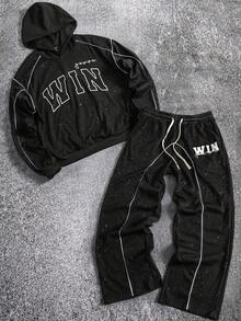 ROMWE MEN Setelan Olahraga Kasual Pria: Hoodie dan Celana Jogging Berkilau dengan Payet - Hitam - View 1