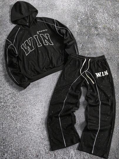 Tuta casual da uomo con felpa con cappuccio e pantaloni in tessuto con paillettes