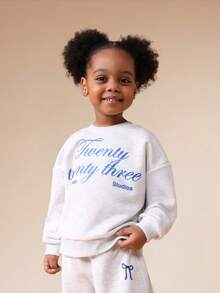 SUMWON Girls Heathered Grey Crewneck Sweatshirt And Jogger Pants Co-Ord Set With Blue Text Print Twenty Three Studios Vacation - Grey - View 4