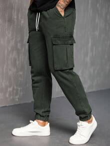 Manfinity Homme Quần jeans ống côn cạp rút túi hộp thường ngày cho nam - Màu xanh Ô liu - Xem 5