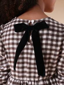 SUMWON 少女长袖泡泡袖格纹层叠迷你连衣裙，高腰设计，后背蝴蝶结系带，适合休闲度假场合。 - 咖啡棕 - 查看 5