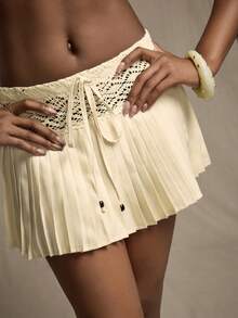 Amplova Chân váy chữ A xếp ly cạp ren cho nữ, gợi cảm và thanh lịch, thích hợp cho các buổi hẹn hò, tiệc tùng, năm mới, Giáng sinh - Màu be - Xem 8