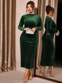 Cravure Vestido elegante de manga larga, ajustado y fruncido de unicolor para mujer de talla grande - Verde Oscuro - Ver 7