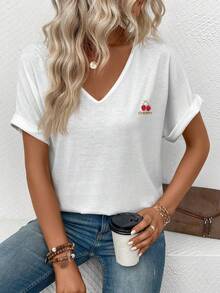 EMERY ROSE Áo thun tay ngắn cổ chữ V họa tiết quả anh đào mới dành cho nữ, bán chạy trong mùa xuân/hè - trắng - Xem 4