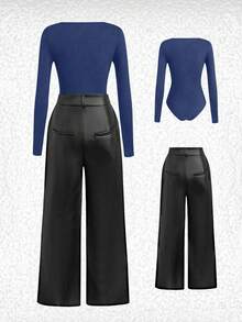GlowEve Fashionable Commuter Ribbed Long Sleeve Jumpsuit & Wide Leg Pants Set - Multicolor - View 2