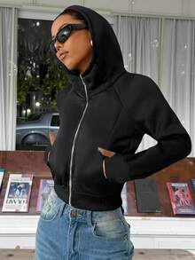 Muchica Women's Black Casual Everyday Zip-Up Hoodie, Autumn,Fall,Zip Up Hoodie Women,Zip Up Hoodie For Women - Black - View 3