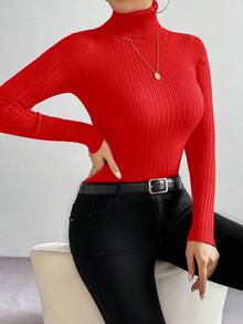 SHEIN LUNE 女士基本款简约高领长袖毛衣 - 紅色 - 查看 4