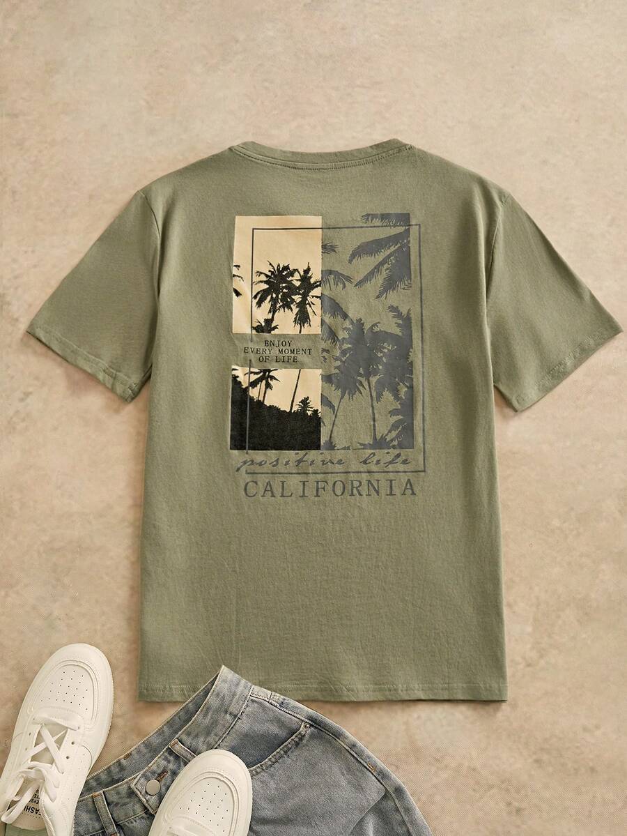 HIMLAND Men's Casual Coconut Tree Graphic Print Slim Fit Short Sleeve T-Shirt, Suitable For Everyday Wear, Summer - Green - View 1