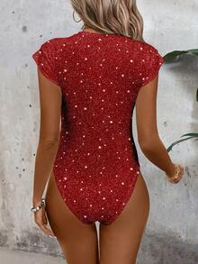 SHEIN LUNE 休闲复古优雅通勤百搭保暖仿亮片粉色印花图案女式紧身连体衣，舒适适合秋冬春季穿着，休闲百搭 - 彩色 - 查看 2