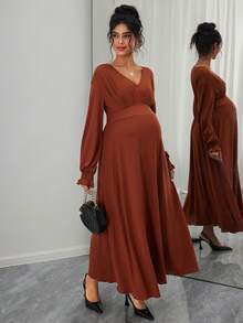 SHEIN Maternity Elegant V-Neck Solid Long Sleeve Ruffle Hem Midi Dress, Spring/Autumn - Coffee Brown - View 4