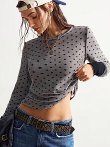 Bohemela 休闲波点图案长袖圆领女式T恤 - 灰色 - 查看 2