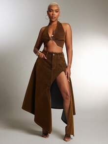 Denimoi Asymmetrical Slit Denim Skirt, Fashionable, Denim Midi Skirt, High Slit Skirt, Sexy Skirt - Brown - View 1