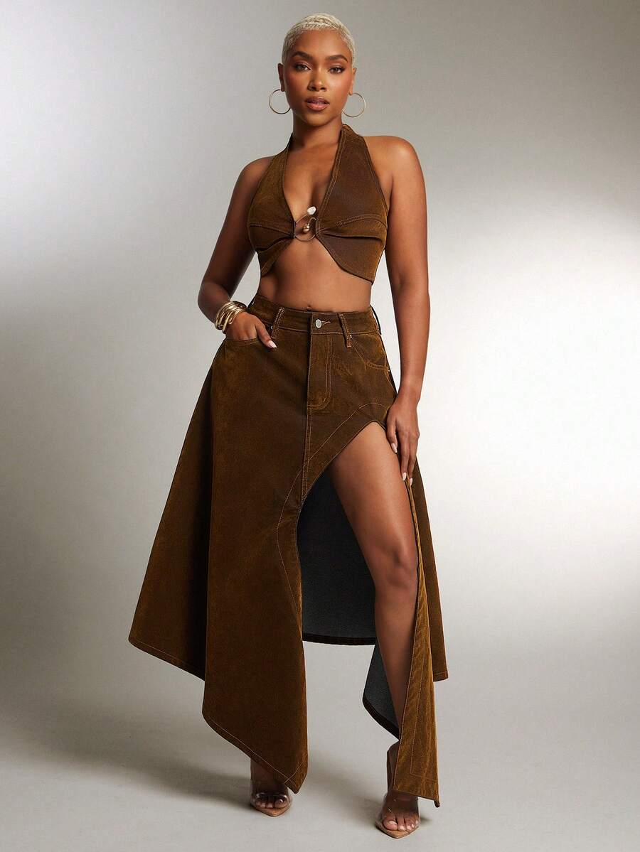 Denimoi Asymmetrical Slit Denim Skirt, Fashionable, Denim Midi Skirt, High Slit Skirt, Sexy Skirt - Brown - View 1