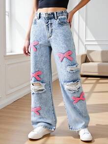 SHEIN ChillGRL Quần Jeans Denim Cho Bé Gái Tuổi Teen, Phong Cách Y2K Thêu Nơ Hồng, Ống Rộng Rộng, Chất Cotton Thoải Mái, Thích Hợp Mặc Hàng Ngày, Đi Học Và Đi Làm, Mọi Mùa - Rửa nhẹ - Xem 8
