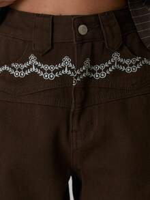 MUSERA Quần jeans ống đứng thêu họa tiết phía trước, kiểu dáng thường ngày dễ thương, phù hợp mùa thu đông ấm áp, phong cách Coco Cloud, thích hợp cho mùa xuân hè. - Màu nâu Sô-cô-la - Xem 2