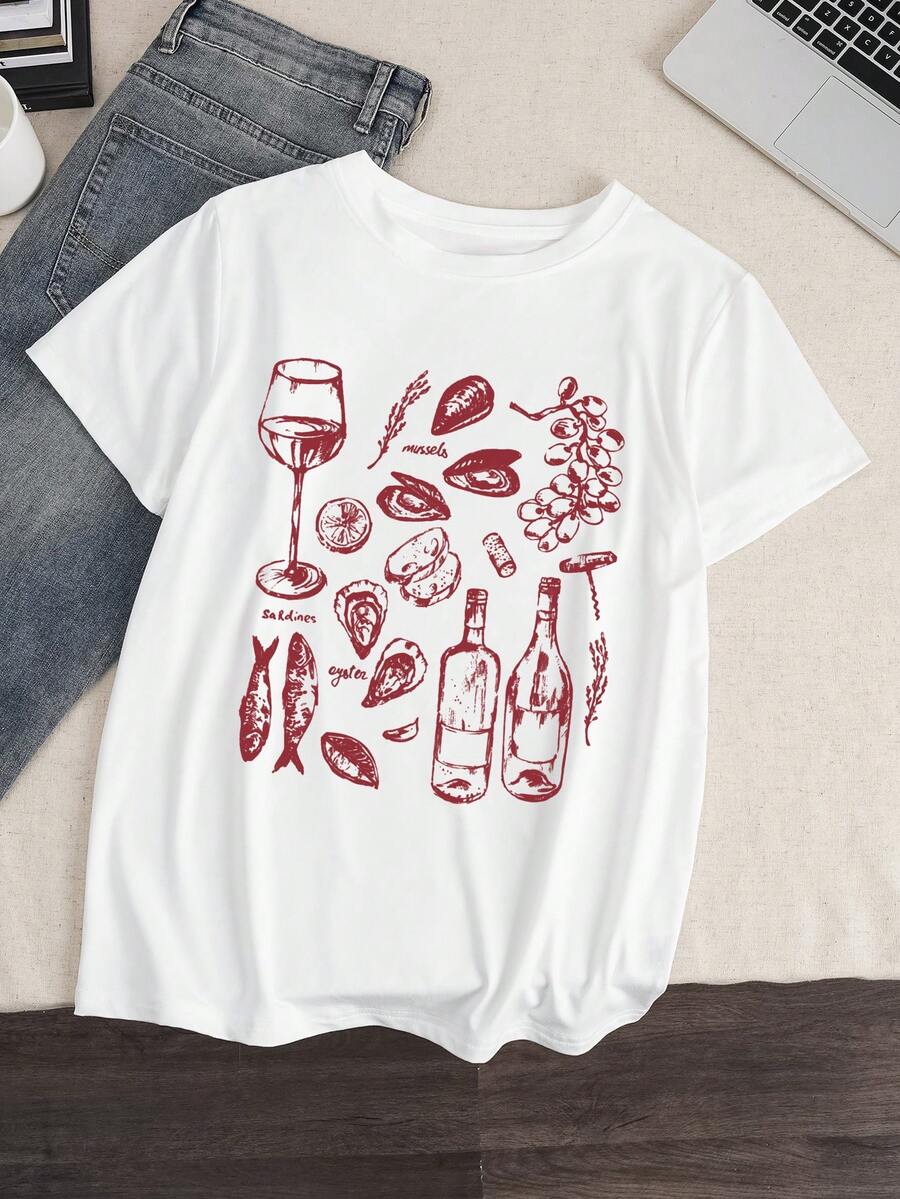 INAWLY 女士圆领短袖酒杯印花休闲 T 恤，日常穿着 - 白色 - 查看 1