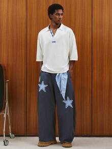 TOKVUE Pantalones holgados de uso casual diario con estampado de cuadros y parche de estrella - Azul - Ver 4