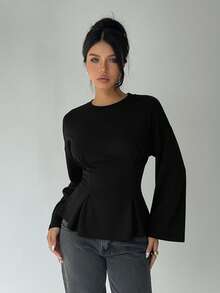 Aloruh 女士休闲圆领T恤，腰部褶皱设计，纯色T恤，适合日常通勤和居家穿着，长袖针织T恤，饰有花卉网眼图案 - 黑色 - 查看 4