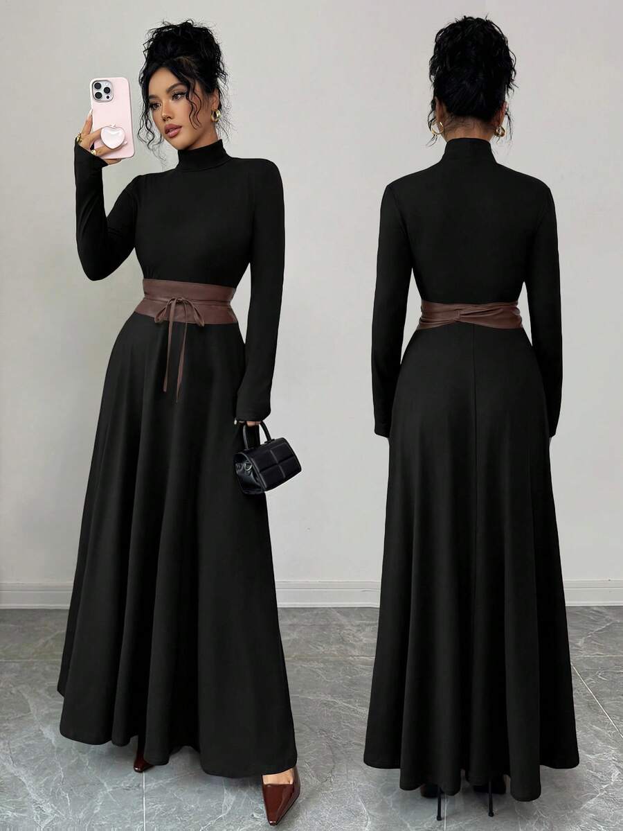 SHEIN Elenzya Women's Luxury Solid Color Long Knit Dress, Half-High Collar Design Slim Fit, Waist Belt Decor Slimming, Retro Elegant Dress, Suitable For Daily, Date, Dinner, Couple Matching, Autumn/Winter Inner Layer, Spring Outer Layer - Black - View 1