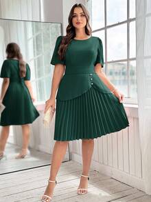 Ellevyn Đầm xếp ly công sở thanh lịch thiết kế bất đối xứng màu trơn cỡ lớn khóa kim loại trang trí - Màu xanh lá cây đậm - Xem 5