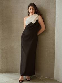 MOTF PREMIUM 大码女式撞色大蝴蝶结单肩派对连衣裙，春夏款 - 黑與白 - 查看 4