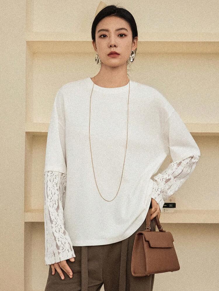 Women's Loose Casual Lace Patchwork White Long Sleeve T-Shirt, Versatile For Winter And Summer