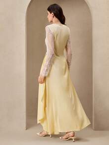 Graceveil V-Neck Lace Patchwork Waist Pleated Long Sleeve Flared Dress For Women - Yellow - View 5