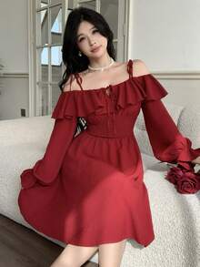 Feyla Elegant Ruffle Trim Waist Open Shoulder Strap Women Dress - Red - View 3