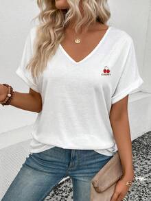 EMERY ROSE Áo thun tay ngắn cổ chữ V họa tiết quả anh đào mới dành cho nữ, bán chạy trong mùa xuân/hè - trắng - Xem 6