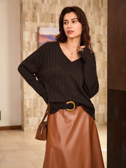 Hansera Plus Size Women Solid Color V-Neck Knitted Sweater, Casual Minimalist Pullover Sweater Suitable For Christmas, Back To School, Romantic Vintage Holiday Office Wear,Brown,New Year