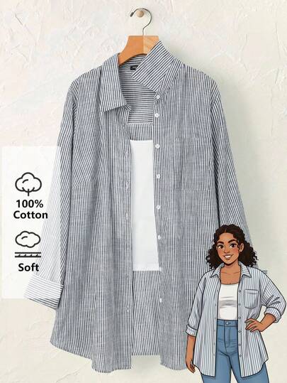 Rusticease 大码长袖休闲条纹衬衫，秋季女装