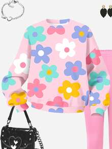 1 Set Girls Back To School Fashion Dotted Bow Print Crew Neck Sweatshirt And Black Leggings Outfit, Fall Clothes - Multicolor - View 5