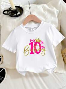 Tween Girls' "My 10th Birthday" 3D Sequin Crown Print Crew Neck Short Sleeve White T-Shirt Girls Birthday T-Shirt - White - View 1